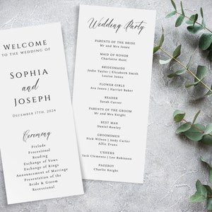 Plantilla de programa de boda moderno, orden de servicio imprimible a doble cara, ceremonia con guion en blanco y negro editable, descarga Templett #BL11