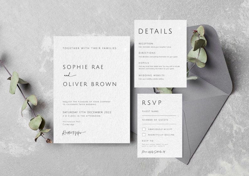 Modern wedding invitation template set, minimalist printable invite suite, black & white wedding invite rsvp bundle, diy editable download image 1