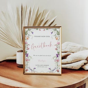 Wildflower guestbook sign template, printable wedding sign, pastel floral diy party sign our guest book, editable Templett download #BL26