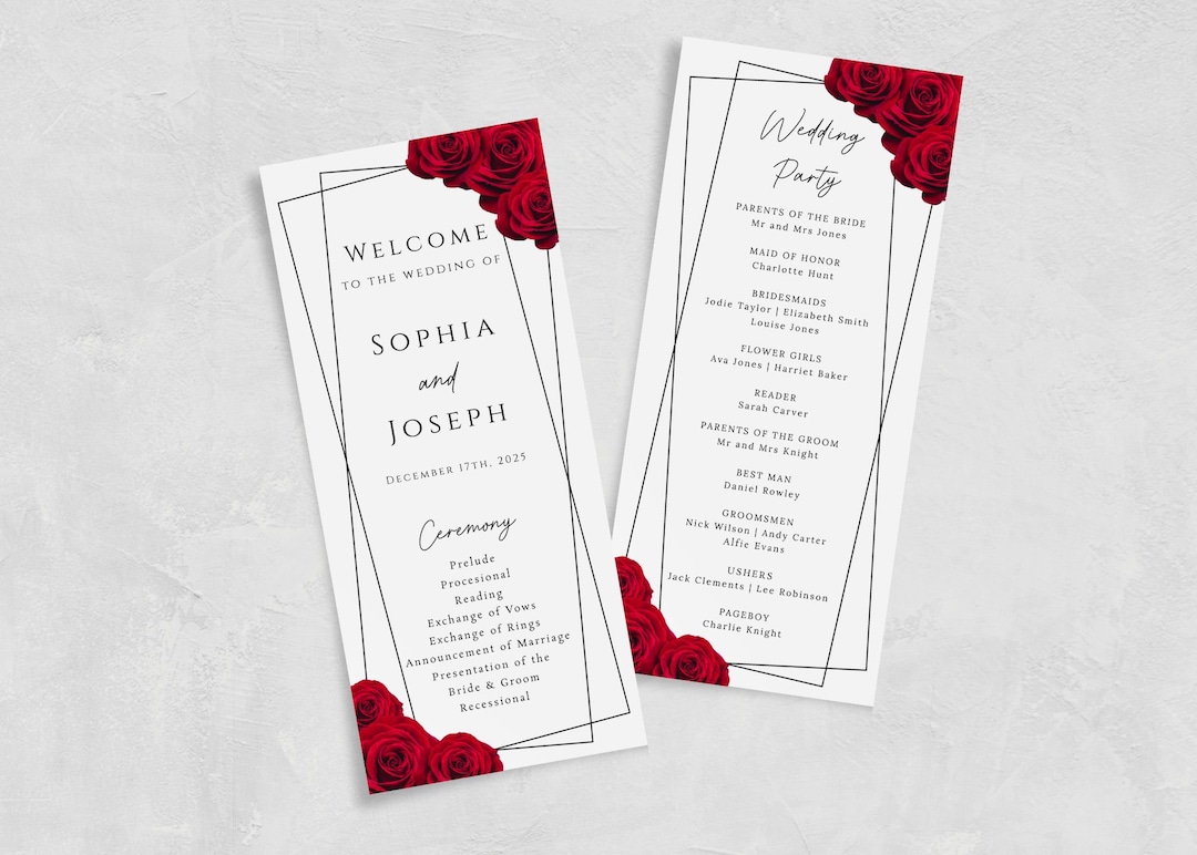 Wedding Program Template, Red Rose Wedding Order of Service, Tall
