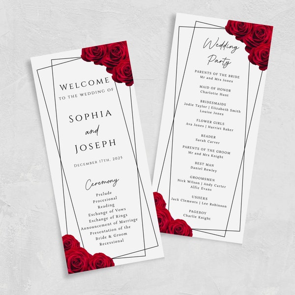 Wedding program template, red rose wedding order of service, tall printable ceremony program, red & black diy wedding editable download #BL2