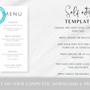 Tall Wedding Menu Printable Template, Editable Minimalist Menu Card ...