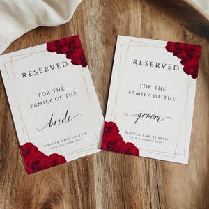 Modelo de placa reservada para casamento vermelho, rosa e dourado reservado para noivas ou noivos família para impressão, cartão reservado faça você mesmo, download editável #BL6
