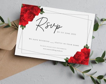 May include: White RSVP card with red rose corner accents and a black geometric border. The card reads "RSVP by 1st June 2025" and includes a website address for responses. The card is on a neutral background.