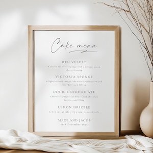 Hochzeitstorten-Speisekarte, modernes Kuchenaroma-Schild, schlichtes Schwarz-Weiß-Hochzeitsmenü mit Text, bearbeitbares Templett-Set #BL19
