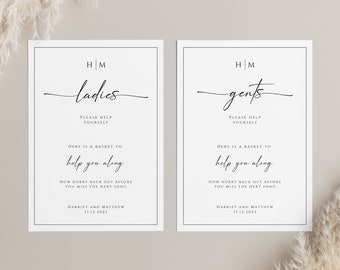 Wedding bathroom sign template, monogram wedding ladies gents basket sign, elegant event bathroom diy, printable, editable download #BL51