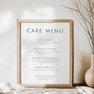 Minimalistisches Kuchen Menü Schild, druckbares Hochzeitstorten Geschmacks Schild, editierbares 4 Tier Kuchen Menü, Templett Download #BL21