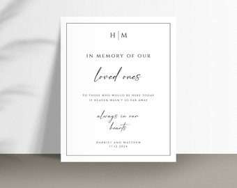 Hochzeit in Erinnerung Zeichen Vorlage, Monogramm Gedenkzeichen druckbare, elegante schwarze Rand Zeichen der Lieben, editierbarer Download #BL51