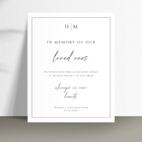 Wedding in memory sign template, monogram memorial sign printable, elegant black border loved ones sign, editable download #BL51