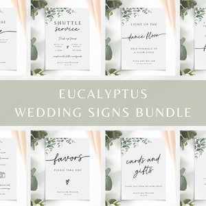 Bundel eucalyptushuwelijksborden, afdrukbare sjablonen voor doe-het-zelf bruiloft, groen borden trouwlocatie, groen bewerkbaar feest, Templett-download #BL9