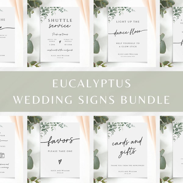 Eucalyptus wedding signs bundle, diy wedding printable templates, greenery wedding venue signs, green editable party, Templett download #BL9