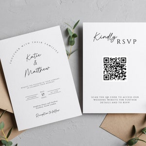 Simple wedding invitation template, upload your QR code, double sided printable invitation arch style, diy editable invite #BL46