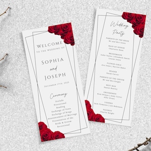 Wedding Program Template, Red Rose Wedding Order of Service, Tall
