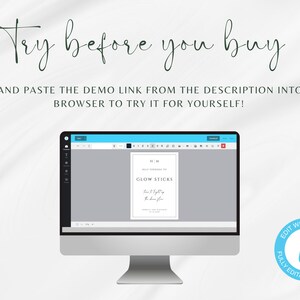 May include: A computer screen displaying a template for a glow stick favor sign. The sign says "Help yourself to glow sticks" and has a handwritten font. The text "You'll be lighting up the dance floor" is also on the sign. The screen is on a white background. The text "Edit with templett" is in a blue circle with a white letter "t" in the center. The text "Fully Editable Template" is below the circle.