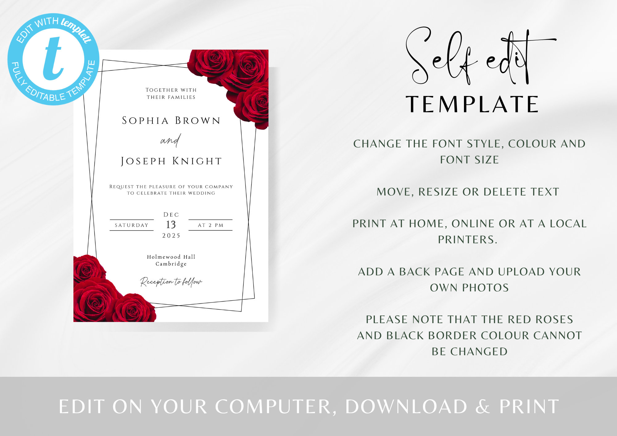 Red Rose Wedding Invitation Template Set, Red Floral and Black Border ...