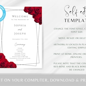 Wedding Program Template, Red Rose Wedding Order of Service, Black