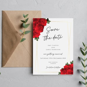 Pode incluir: Cartão de guardar a data com moldura dourada e rosas vermelhas. O texto diz "Save the date" com os nomes Amy Carver e James Harrison, a data sábado 19 de dezembro de 2025, Kew Gardens, Londres, e "Invitation to follow".