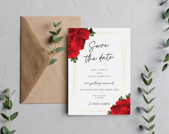 Red and gold save the date invitation template, red rose wedding save our date printable invite, gold border 5x7 editable download