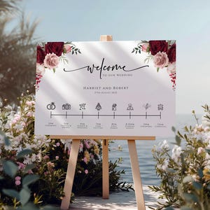 Red wedding welcome timeline sign template with icons, burgundy & pink wedding order of the day, rose peony flowers, editable download #BL85