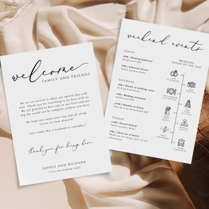 Modèle de carte d’événements de mariage, icônes élégantes de chronologie de week-end, note de sac de bienvenue de mariage, ordre du jour imprimable minimaliste, #BL10 modifiable