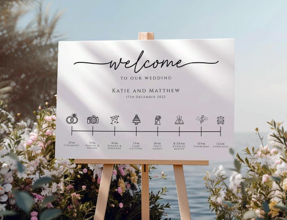 Large wedding welcome timeline sign template with icons, simple wedding order of the day, black white horizontal, editable download #BL46