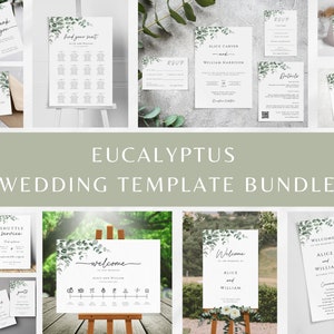 Eucalyptus wedding template bundle, diy wedding printables, greenery wedding signs & invitations, elegant bundle kit, editable download #BL9