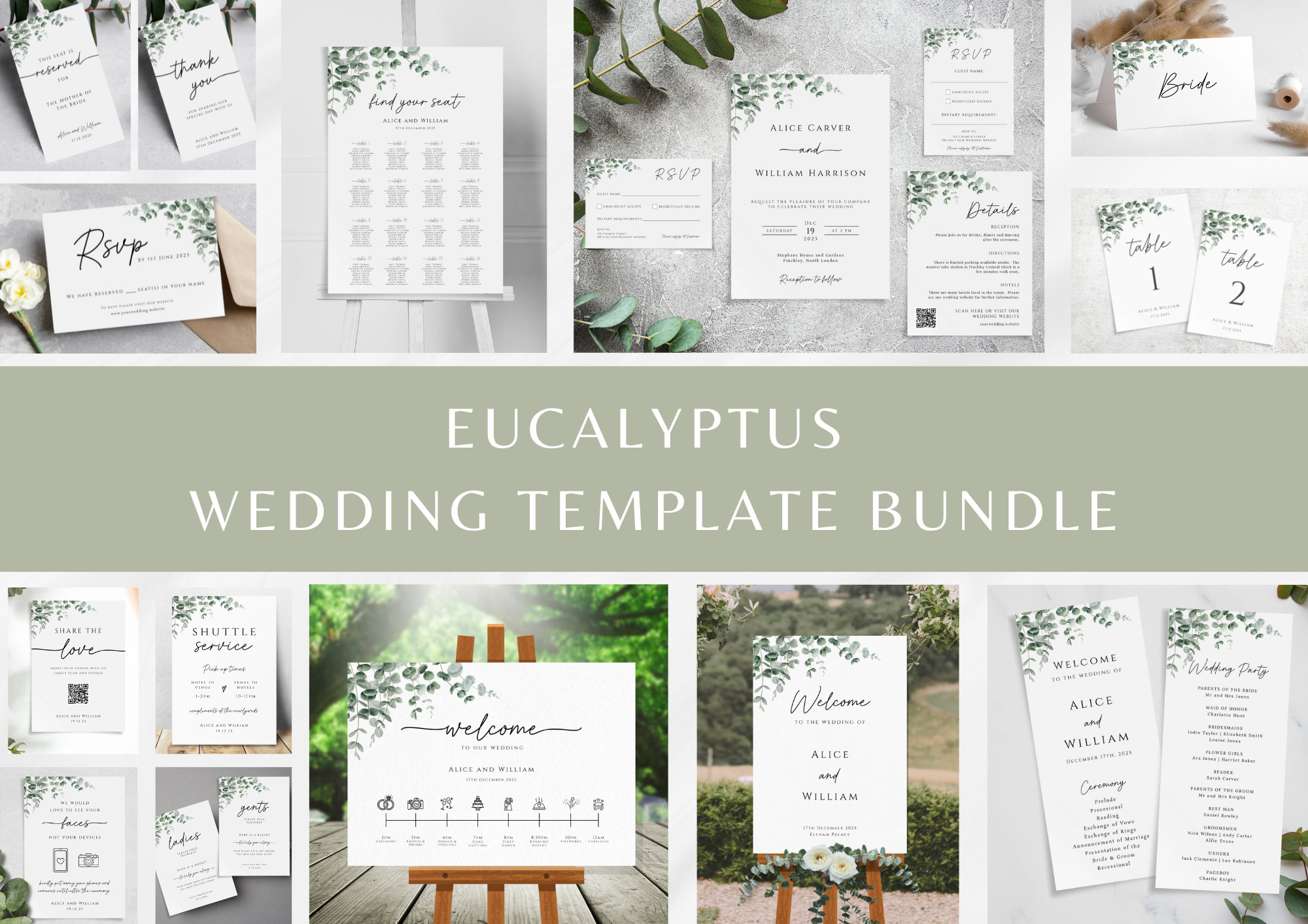 Eucalyptus wedding template bundle, diy wedding printables, greenery wedding signs & invitations, elegant bundle kit, editable download #BL9