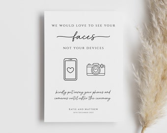 Wedding no devices sign template, unplugged ceremony sign, no phones or cameras, modern handwriting sign with icons, editable download #BL46