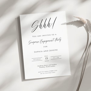 Modelo de convite de noivado surpresa para impressão, convite para festa de noivado com script moderno, cartão diy em preto e branco, download editável # BL11