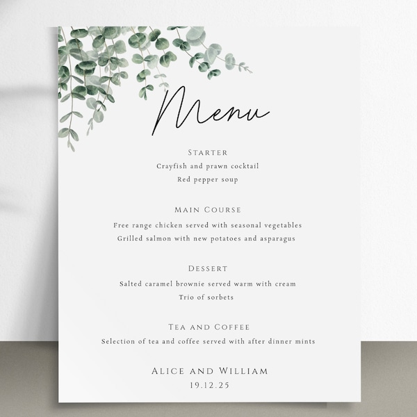 Wedding menu template, 8x10 eucalyptus wedding menu sign, printable greenery event menu, green party menu card, editable download #BL9