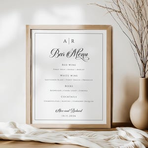 Plantilla de letrero de menú de bar con monograma, elegante letrero de bebidas de boda con borde negro imprimible, lista de bar para fiestas DIY, descarga de Templett editable #BL51
