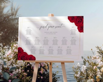 Red Rose Wedding Table Plan Template: Printable Gold Border Seating Chart (Templett Digital Download)