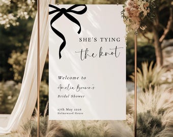 Bow Bridal Shower Welcome Sign Template: Modern Black & White She's Tying The Knot (Templett Digital Download)