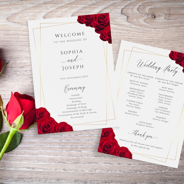 Red wedding program template, red rose and gold border printable wedding order of service, diy wedding ceremony card, editable download #BL6