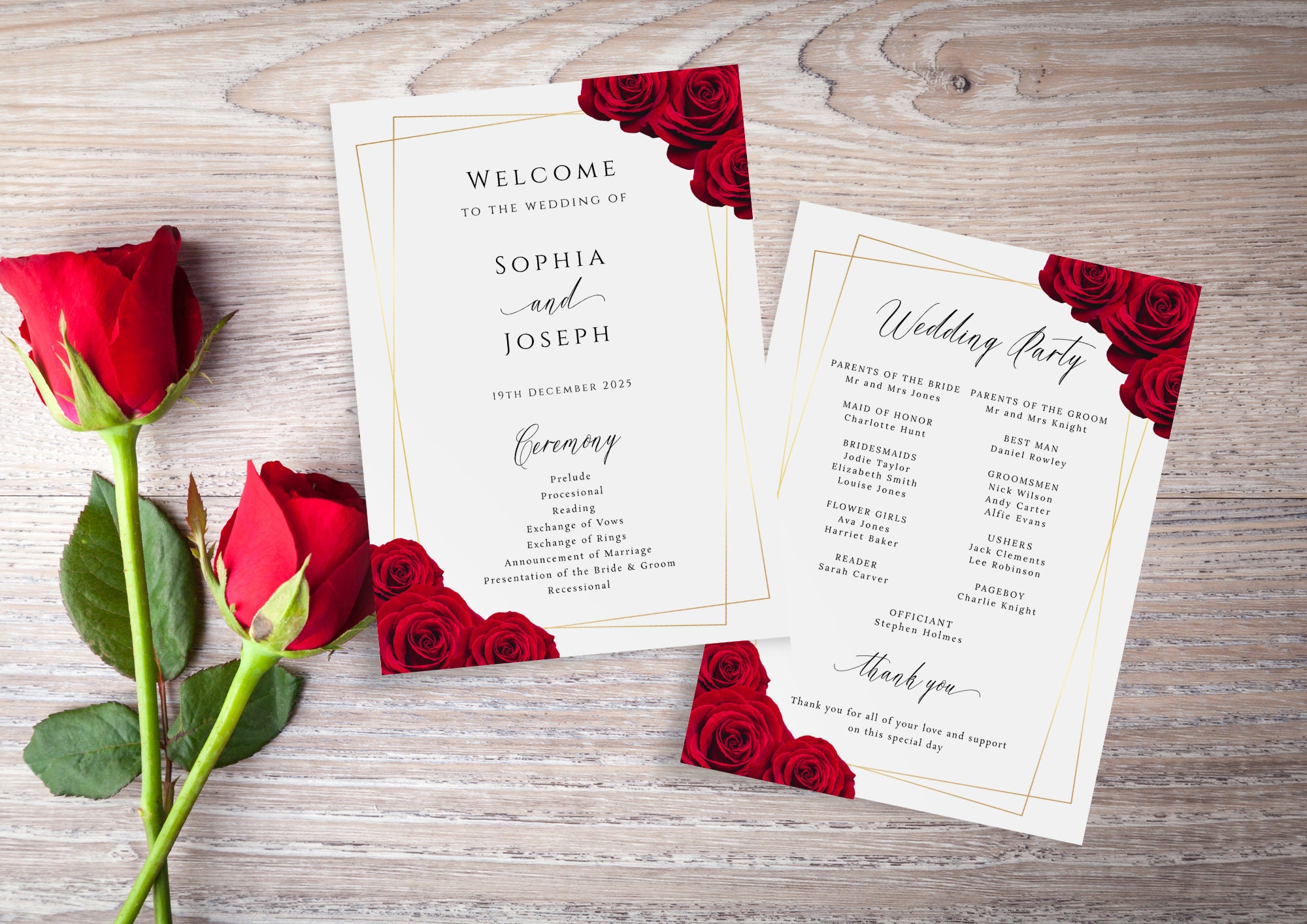 Red wedding program template, red rose and gold border printable wedding order of service, diy wedding ceremony card, editable download #BL6