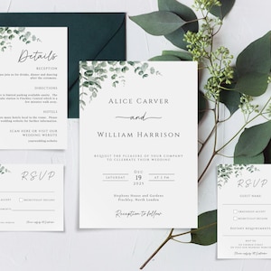 Eucalyptus wedding invitation template set, greenery printable wedding invite suite, editable qr details, invite and rsvp cards #BL9
