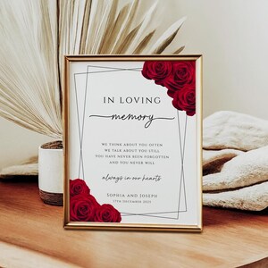 Modelo de placa vermelha para casamento em memória, placa memorial de rosa vermelha para impressão, borda preta para entes queridos, placa pensando em você, download editável #BL2