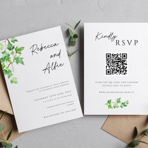 Könnte beinhalten: Eine weiße Hochzeitseinladung mit grünen Efeu-Illustrationen. Die Einladung lautet "Rebecca und Alfie" und enthält das Datum und die Uhrzeit der Hochzeit. Eine separate weiße Karte mit einem QR-Code lautet "Kindly RSVP" und enthält Anweisungen, den Code zu scannen, um weitere Details zu erhalten und sich anzumelden.