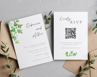 Efeu Hochzeit Einladungsvorlage, laden Sie Ihren QR-Code hoch, einfache grüne Efeu doppelseitige druckbare Einladung, grüne diy bearbeitbare Hochzeit #BL4