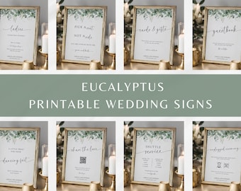 Eucalyptus wedding signs bundle, elegant printable templates, greenery script venue signs, green 5x7 8x10, editable Templett download #BL20