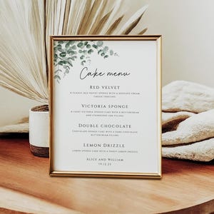 Greenery Menüschild für Hochzeitstorte, Menüschild für Eukalyptustorte zum Ausdrucken, Menüschild für diätetische Kuchen, 4-stöckig, bearbeitbar Download #BL9