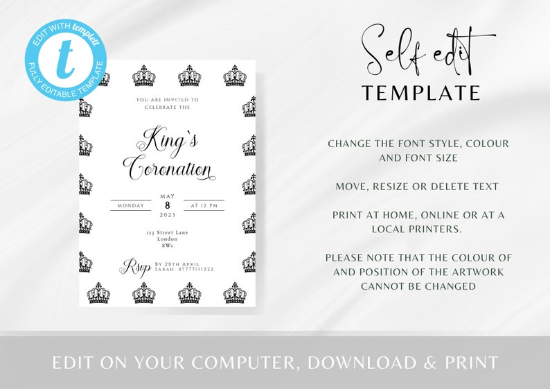 Coronation Party Invitation Template, Black and White Editable Invite ...