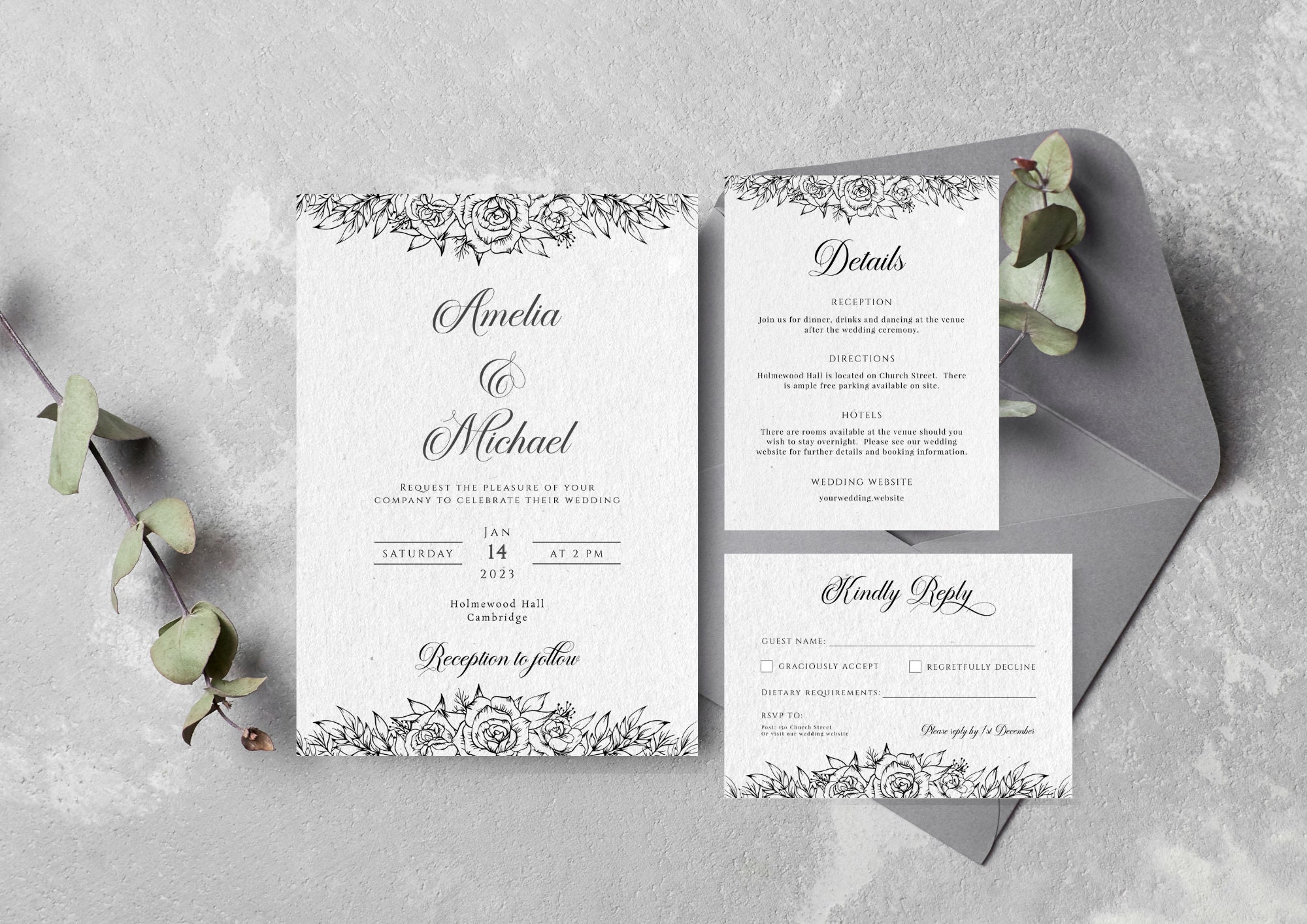 Black and White Flower Wedding Invitation Template Set - Etsy Israel
