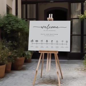 May include: A white welcome sign with black text and icons for a wedding. The sign says "Welcome to our wedding Katie and Matthew 17th December 2023". The icons represent different parts of the wedding day, such as the ceremony, photos, and dinner.