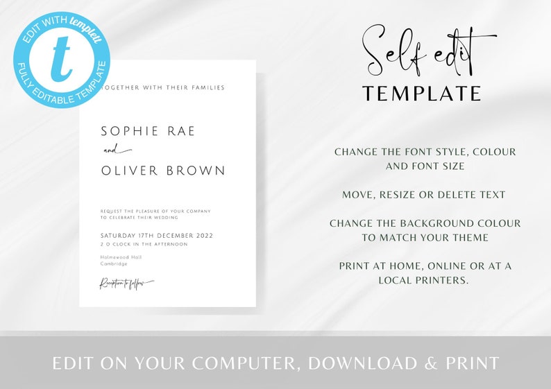 Modern wedding invitation template set, minimalist printable invite suite, black & white wedding invite rsvp bundle, diy editable download image 3