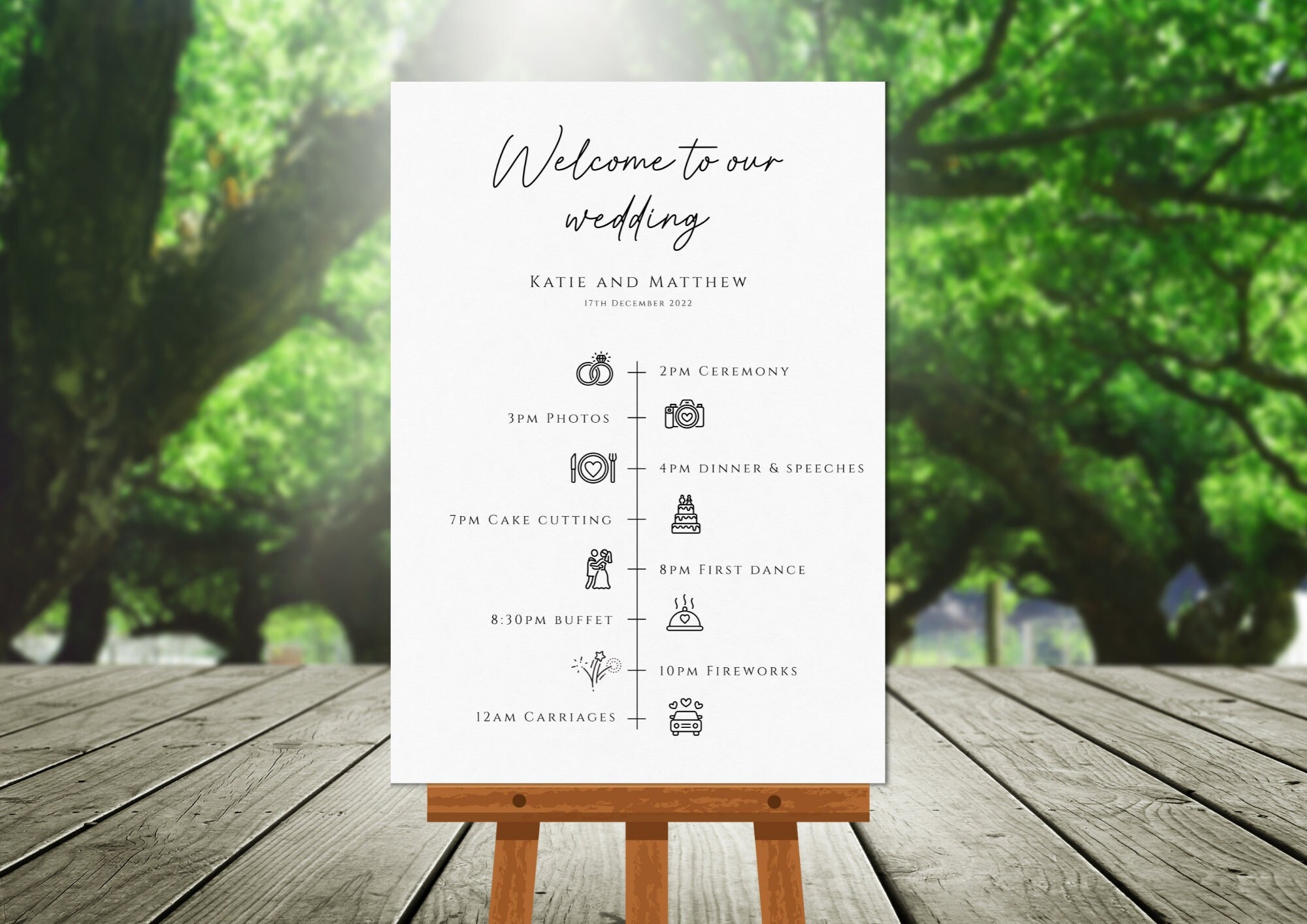 Wedding order of the day welcome sign template with icons, large vertical wedding timeline sign, handwriting style, editable download #BL46