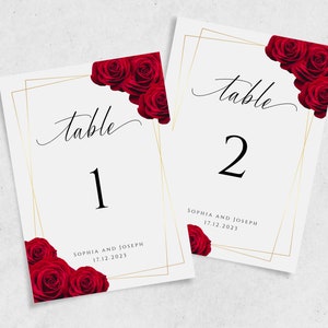 Plantilla de número de mesa de boda, letreros de números de mesa rojos y dorados, nombres de mesa imprimibles con marco dorado y rosa roja diy, descarga editable #BL6