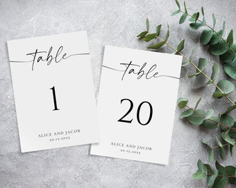 Wedding table numbers printable template, editable black & white table number signs, black white script table decor, Templett download #BL19