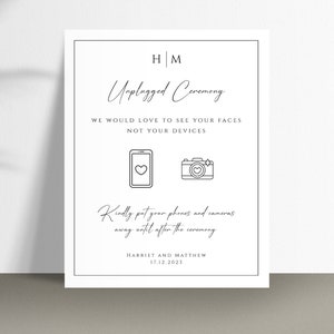 Wedding no devices sign template, unplugged ceremony sign, no phones or cameras, monogram wedding sign with icons, editable download #BL51