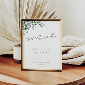 Groene zoete winkelwagenbordsjabloon, afdrukbare bruiloft, liefde is zoet, neem een traktatie, eucalyptus bewerkbare tekst traktatiebord, Templett-download #BL9